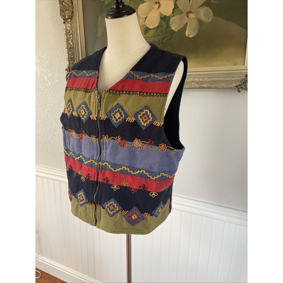 Vintage 90s Women Cotton Southwestern Print Appliqué Zip Vest Western Patchwork - Picture 3 of 7